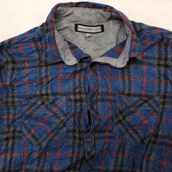 pd & c Tartan Flannel Long Sleeve Button Up Shirt Mens Size M Blue Black Red - Picture 1 of 10